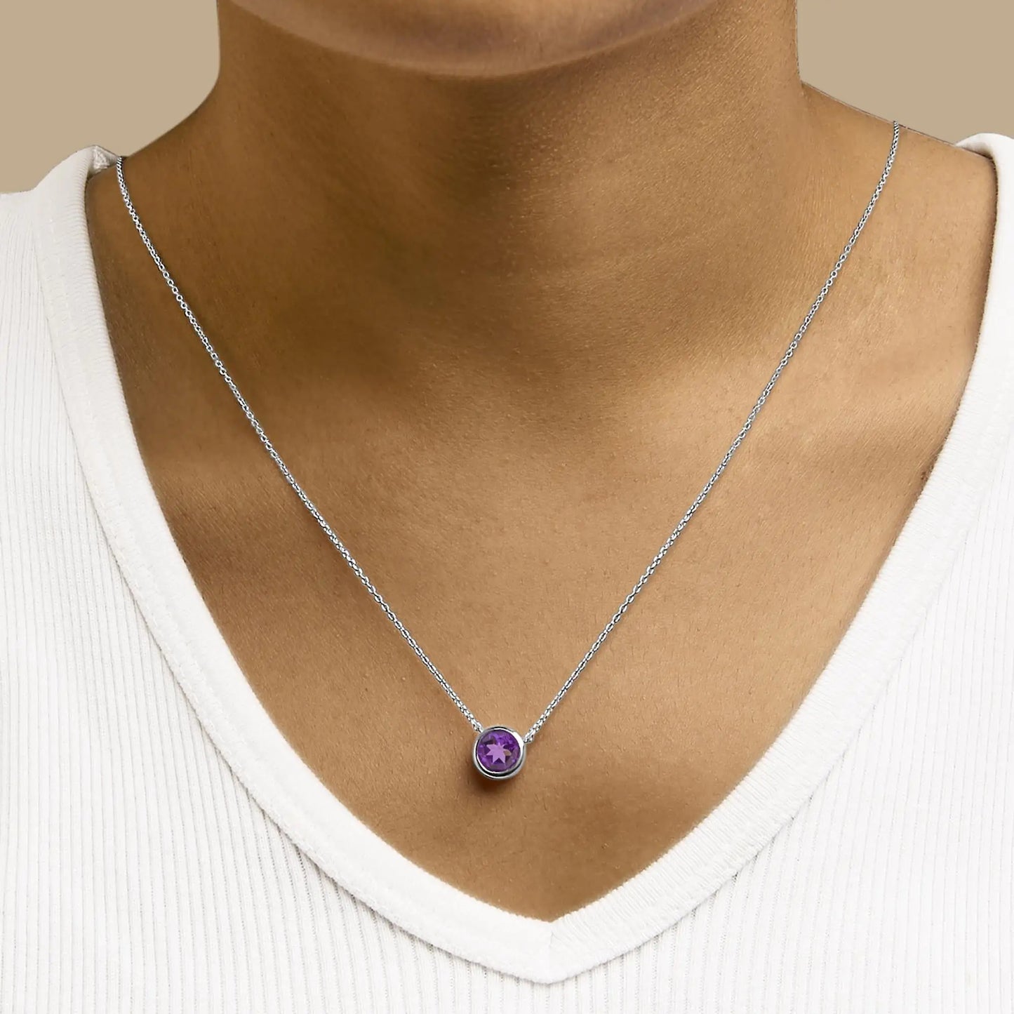 .925 Sterling Silver 7MM Bezel Set Created Purple Amethyst Pendant Necklace - 18" Inches