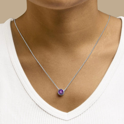 .925 Sterling Silver 7MM Bezel Set Created Purple Amethyst Pendant Necklace - 18" Inches