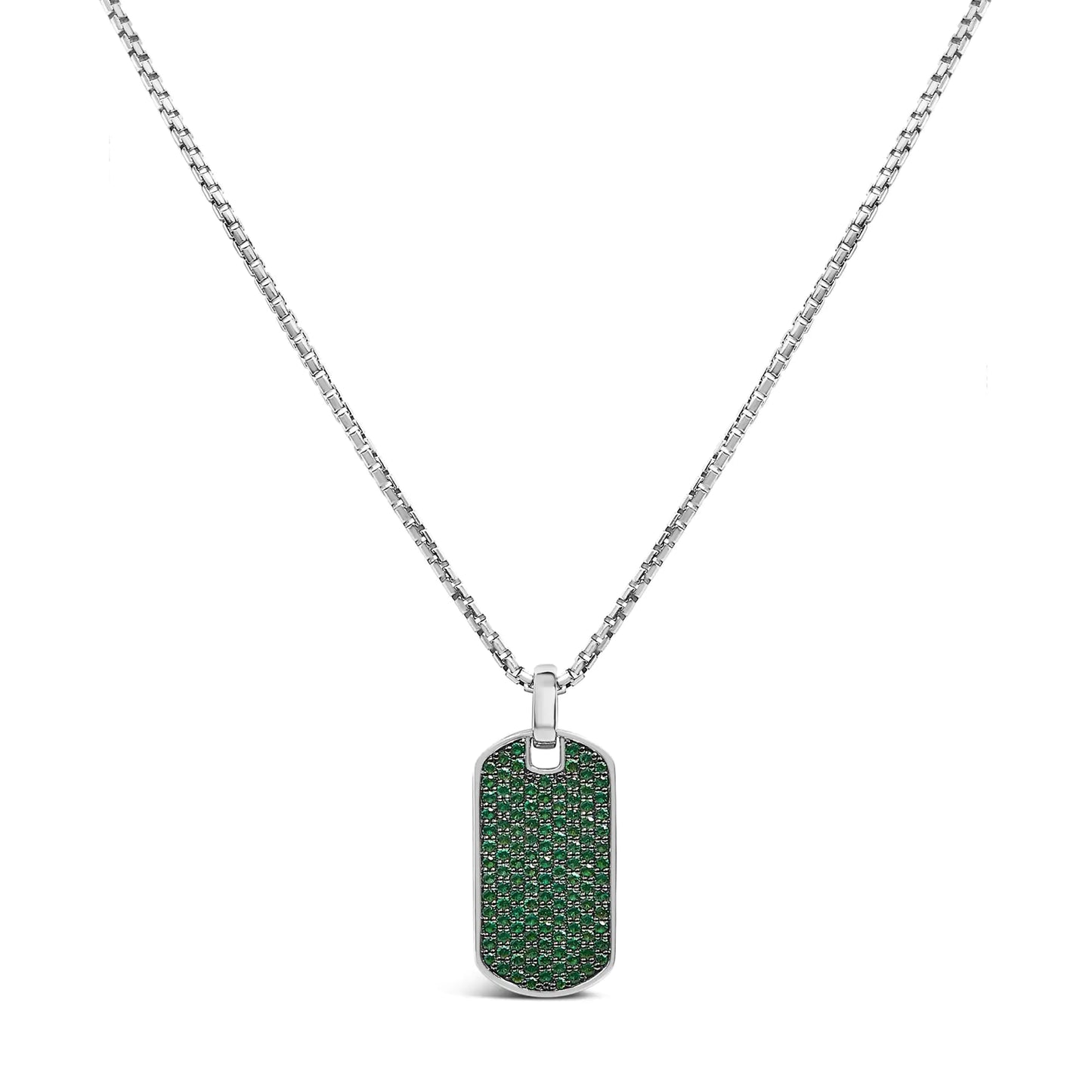 Men's .925 Sterling Silver Created Green Emerald Dog Tag Pendant Necklace - 22" Inches