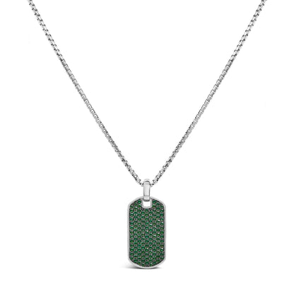 Men's .925 Sterling Silver Created Green Emerald Dog Tag Pendant Necklace - 22" Inches