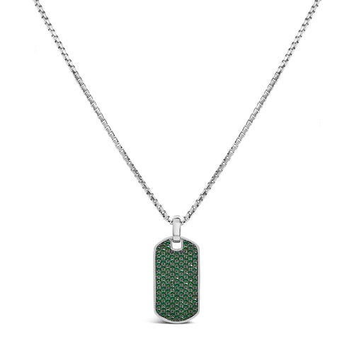 Men's .925 Sterling Silver Created Green Emerald Dog Tag Pendant Necklace - 22" Inches