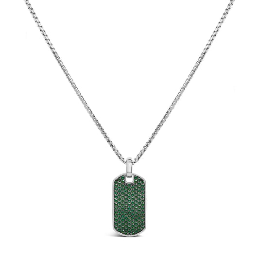 Men's .925 Sterling Silver Created Green Emerald Dog Tag Pendant Necklace - 22" Inches