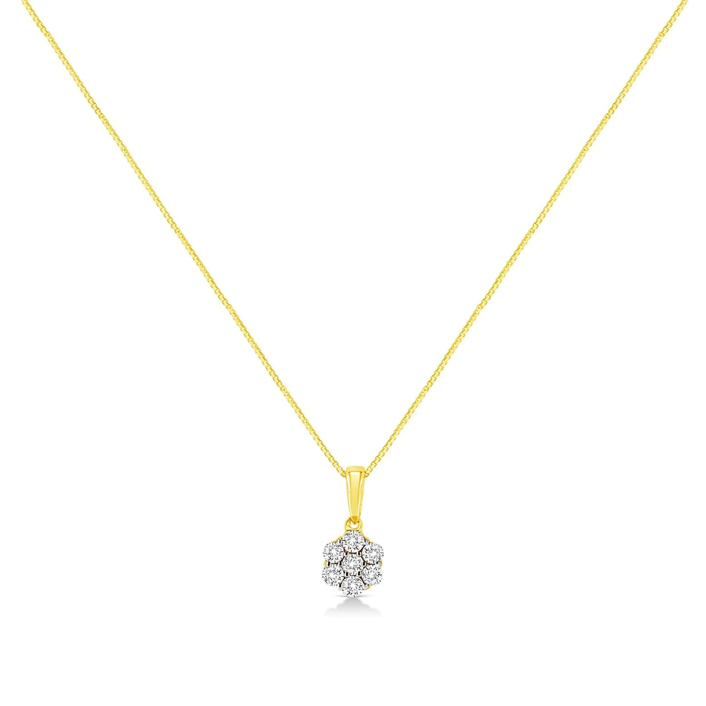 14K Yellow Gold 1/4 Cttw Prong Set Round-Cut Diamond 7 Stone Floral Cluster 18" Pendant Necklace (H-I Color, I1-I2 Clarity)