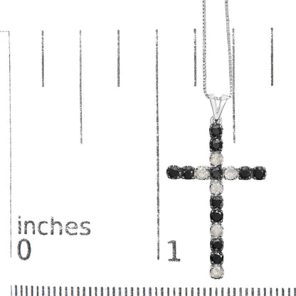 .925 Sterling Silver 2.0 Cttw Prong Set Round Natural Treated Black and White Diamond Cross Pendant Necklace - 18" (Black/H-I Color, I3 Clarity)