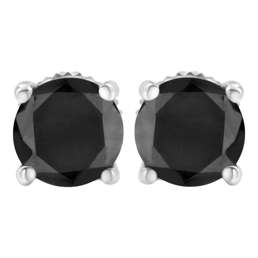 .925 Sterling Silver Round Brilliant-Cut Black Diamond Classic 4-Prong Stud Earrings with Screw Backs (Fancy Color-Enhanced, I2-I3 Clarity)