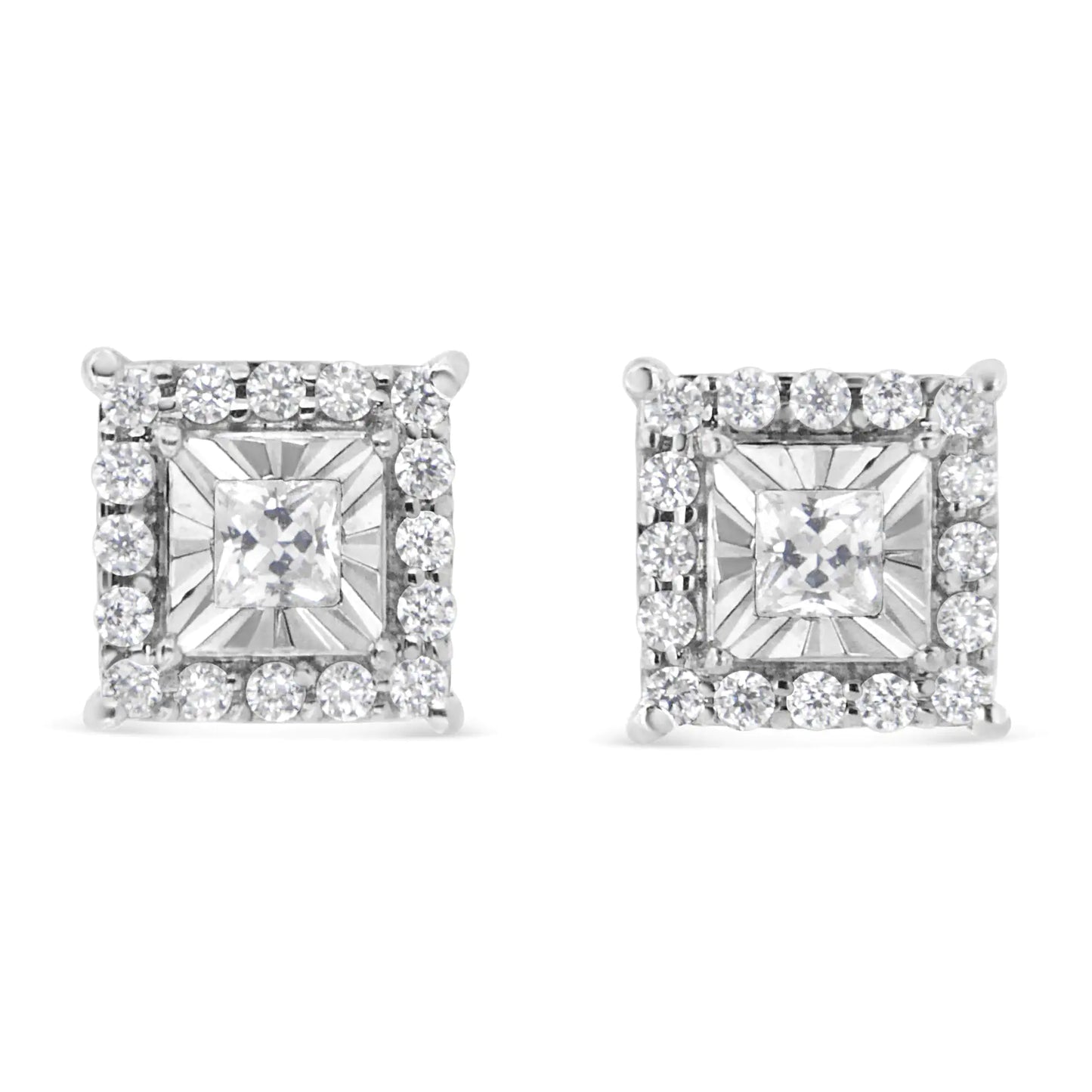 .925 Sterling Silver 1/4 Cttw Princess and Round Cut Diamond Halo Stud Earrings (I-J Color, I2-I3 Clarity)