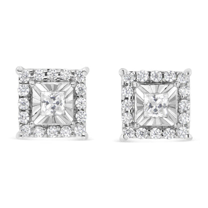 .925 Sterling Silver 1/4 Cttw Princess and Round Cut Diamond Halo Stud Earrings (I-J Color, I2-I3 Clarity)