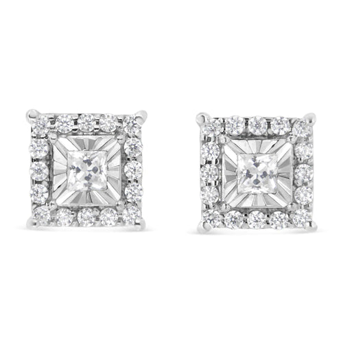 .925 Sterling Silver 1/4 Cttw Princess and Round Cut Diamond Halo Stud Earrings (I-J Color, I2-I3 Clarity)