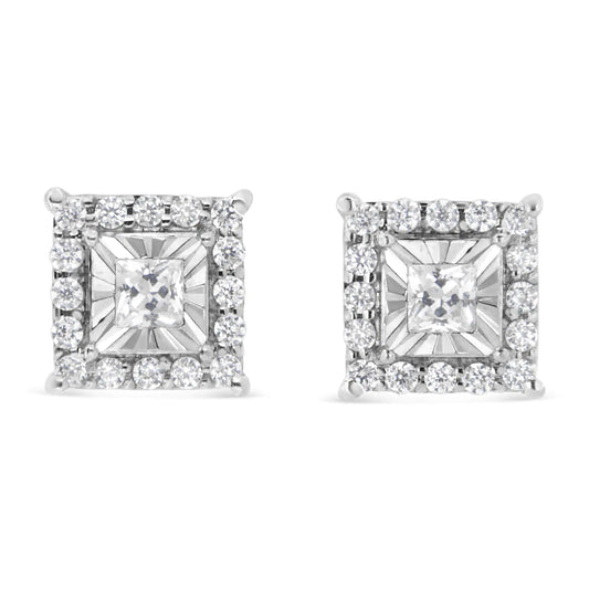 .925 Sterling Silver 1/4 Cttw Princess and Round Cut Diamond Halo Stud Earrings (I-J Color, I2-I3 Clarity)