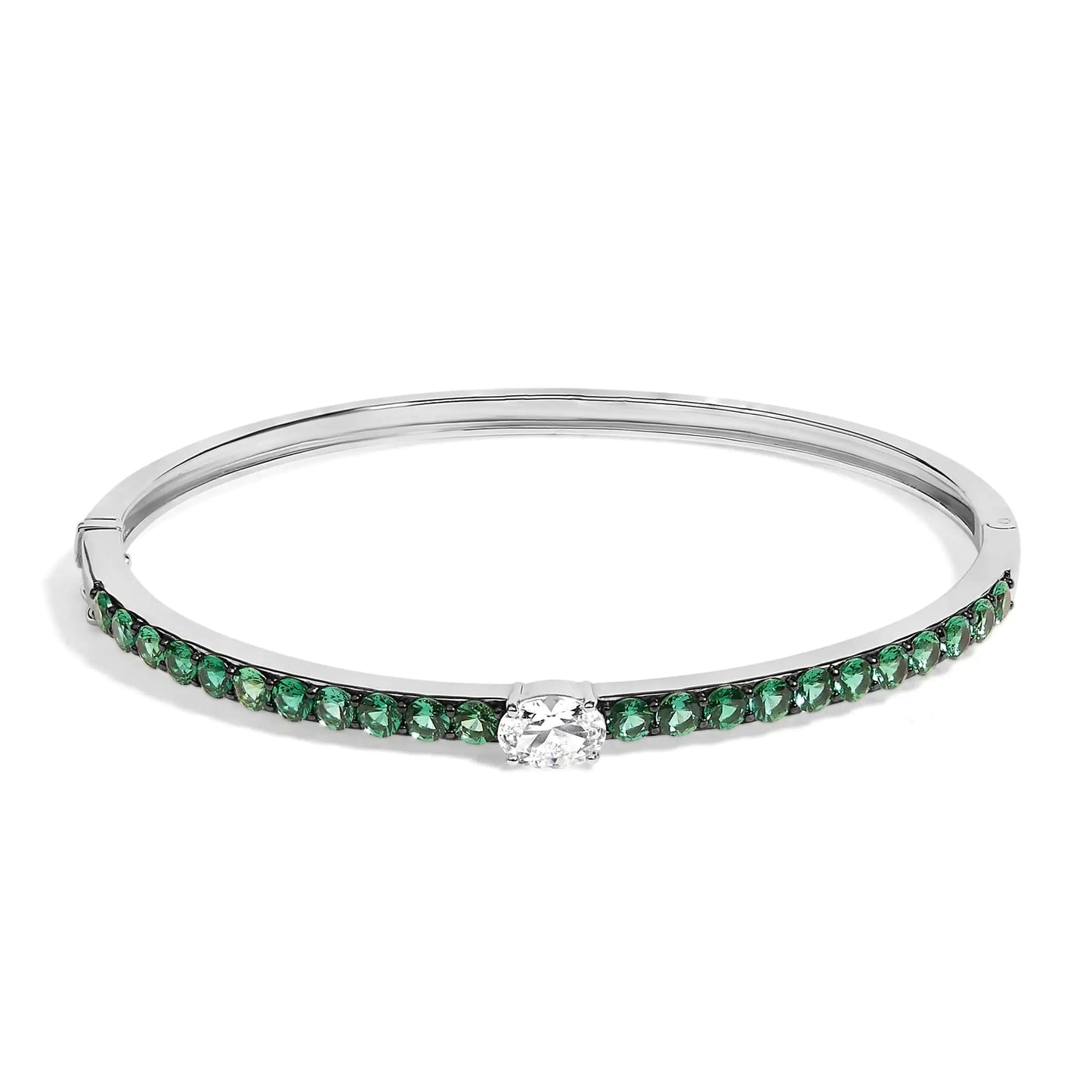.925 Sterling Silver Created Sapphire and Emerald Semi Eternity Bangle Bracelet - 7" Inches