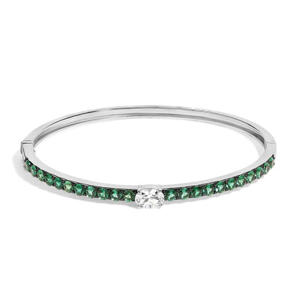 .925 Sterling Silver Created Sapphire and Emerald Semi Eternity Bangle Bracelet - 7" Inches