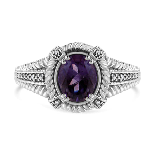 .925 Sterling Silver Prong Set Natural Oval Shape 9X7 MM Purple Amethyst Solitaire and Diamond Accent Ring (I-J Color, I1-I2 Clarity)