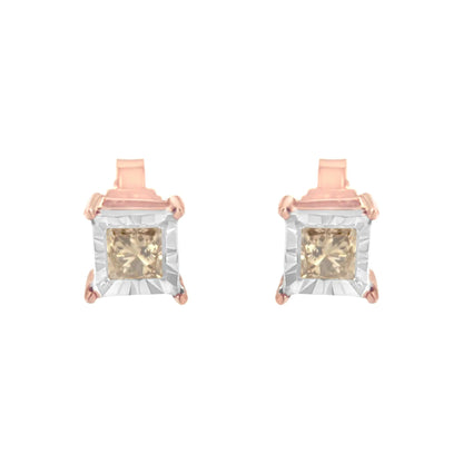 14K Rose Gold Plated Two-Tone .925 Sterling Silver 1/2 Cttw Princess-Cut Square Diamond Solitaire Miracle-Plate Stud Earrings (K-L Color, I2-I3 Clarity)