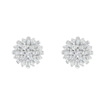 .925 Sterling Silver 1/2 Round and Baguette Diamond Sunburst Floral Cluster Stud Earrings (I-J Color, I3 Clarity)