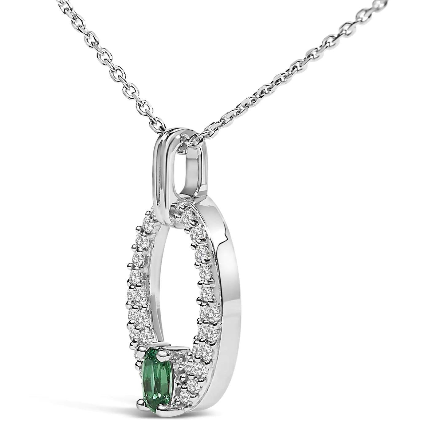 .925 Sterling Silver Created Green Emerald and White Sapphire Oval Shaped Pendant Necklace - 18" Inches