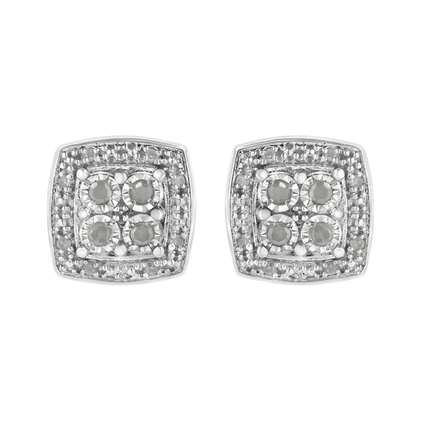 .925 Sterling Silver 1/4 cttw Round Cut Diamond Square Shape Milgrain Stud Earrings (I-J Color, I3 Clarity)