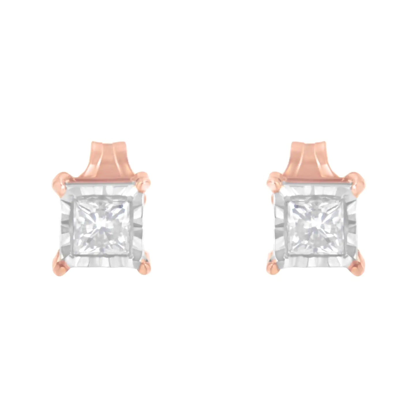 14K Rose Gold Plated Two-Tone .925 Sterling Silver 1/2 Cttw Princess-Cut Square Near Colorless Diamond Solitaire Miracle-Plate Stud Earrings (J-K Color, I2-I3 Clarity)