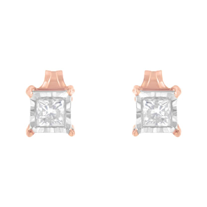 14K Rose Gold Plated Two-Tone .925 Sterling Silver 1/2 Cttw Princess-Cut Square Near Colorless Diamond Solitaire Miracle-Plate Stud Earrings (J-K Color, I2-I3 Clarity)