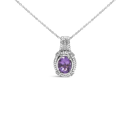 .925 Sterling Silver 9x7mm Oval Purple Amethyst and Round Diamond Accent Fashion Drop Pendant 18 Inch Necklace (I-J Color, I1-I2 Clarity)