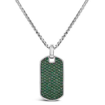Men's .925 Sterling Silver Created Green Emerald Dog Tag Pendant Necklace - 22" Inches