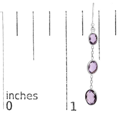.925 Sterling Silver Checkerboard Cut Oval Purple Amethyst 2" Inch Drop and Dangle Earrings