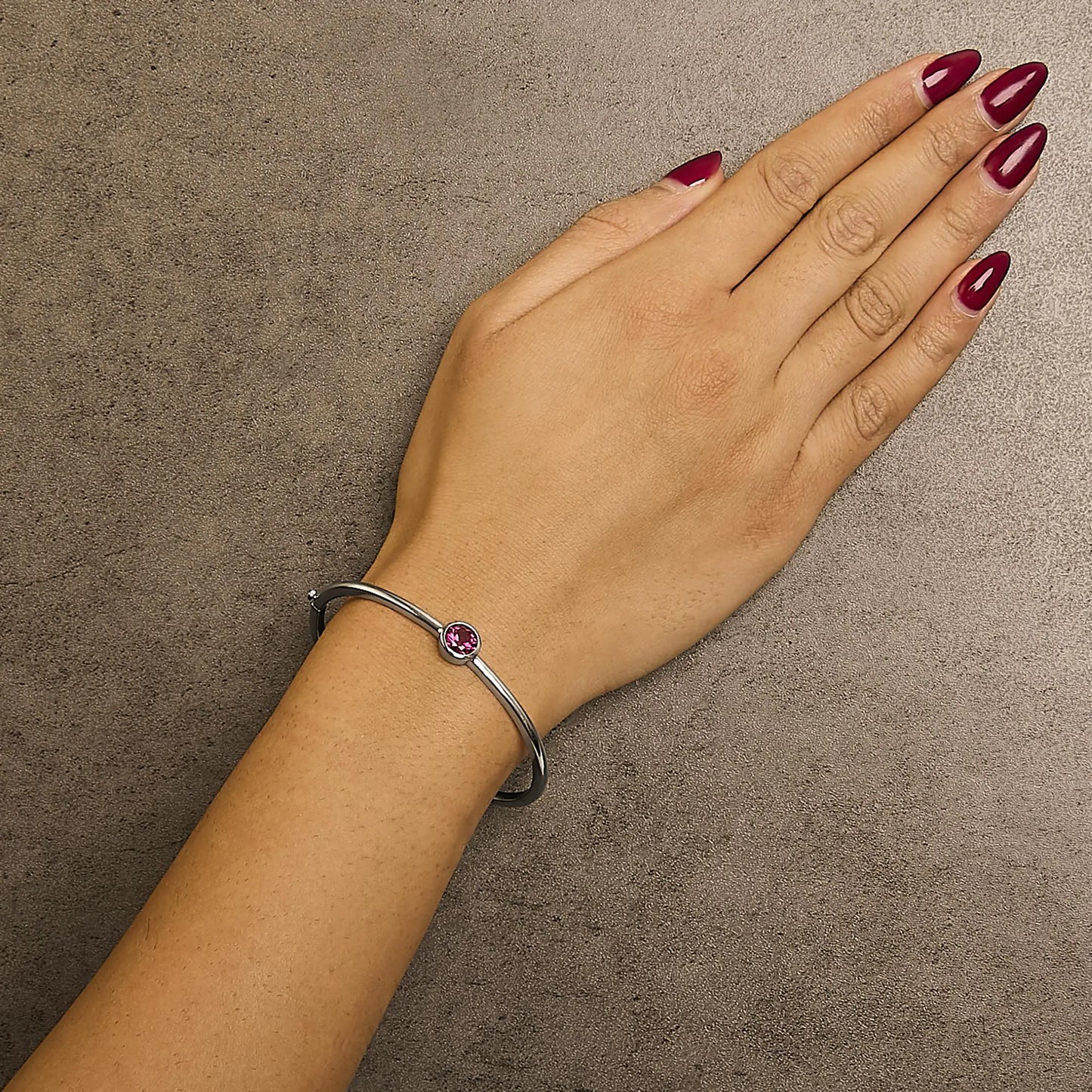 .925 Sterling Silver 7X7MM Created Red Ruby Solitaire Bangle Bracelet - 7 Inches