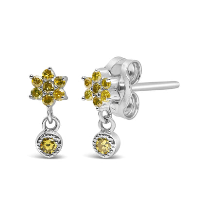 .925 Sterling Silver 1/10 Cttw Yellow Diamond Star Stud with Bezel Drop Dangle Earrings (Yellow Color, I2-I3 Clarity)