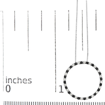 .925 Sterling Silver 1.0 Cttw Alternating Black and White Diamond Open Hoop Circle Pendant Necklace - 18" Inches