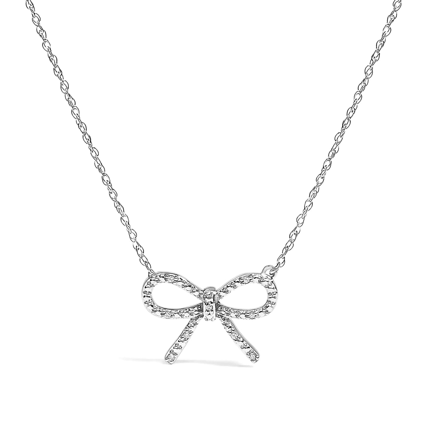 .925 Sterling Silver Diamond Accent Ribbon Bow Knot Pendant Necklace (J-K Color, I2-I3 Clarity) - 18" Inches