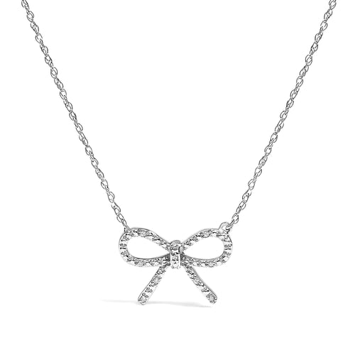 .925 Sterling Silver Diamond Accent Ribbon Bow Knot Pendant Necklace (J-K Color, I2-I3 Clarity) - 18" Inches