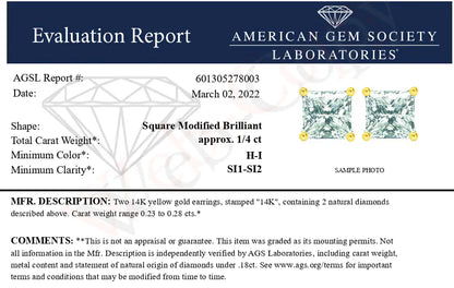 AGS Certified 14k Yellow Gold 1/4 Cttw 4-Prong Set Princess-Cut Solitaire Diamond Push Back Stud Earrings (H-I Color, SI1-SI2 Clarity)