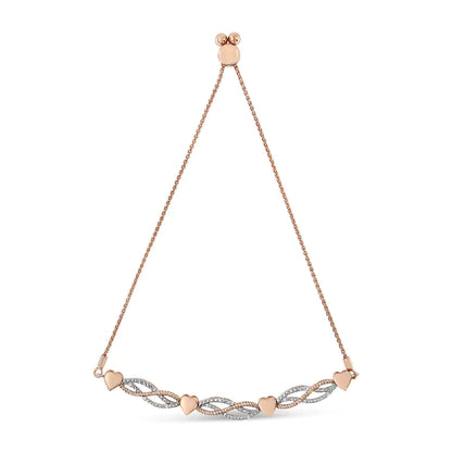 14K Rose Gold Plated .925 Sterling Silver Cttw Diamond Accent Layered Infinity Link and Heart Adjustable 4”-10” Adjustable Bolo Bracelet (I-J Color, I3 Clarity)