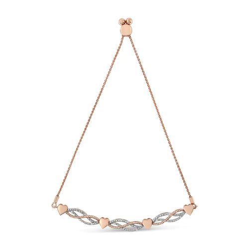 14K Rose Gold Plated .925 Sterling Silver Cttw Diamond Accent Layered Infinity Link and Heart Adjustable 4”-10” Adjustable Bolo Bracelet (I-J Color, I3 Clarity)