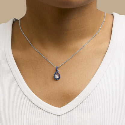 .925 Sterling Silver Created Blue and White Sapphire Teardrop Shaped Pendant Necklace - 18" Inches