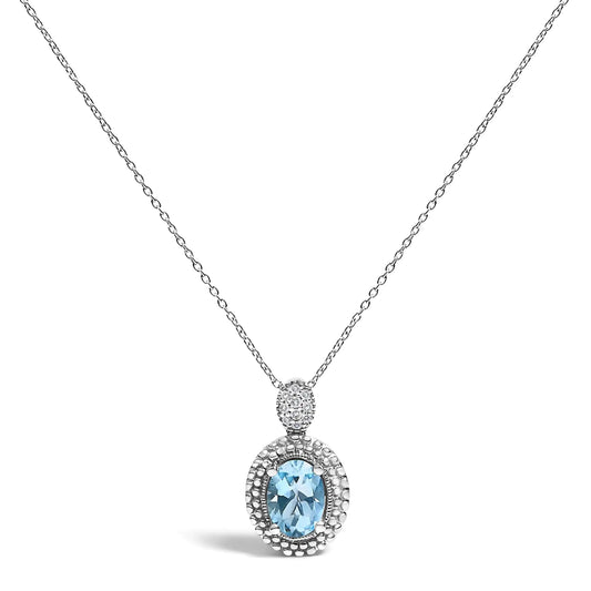 .925 Sterling Silver Oval Blue Topaz and Diamond Accent with Beaded Halo Pendant Necklace - 18" Inches