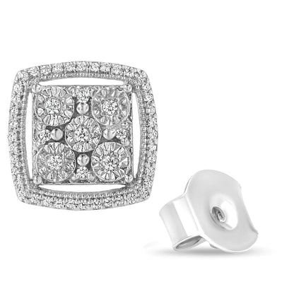 .925 Sterling Silver 3/8 Cttw Miracle Set Round Diamond Double Halo Cluster Earrings (I-J Color, I2-I3 Clarity)