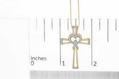14K Yellow Gold Plated .925 Sterling Silver 1/6 Cttw Diamond Interlocking Heart and Ribbon Cross Pendant Necklace (H-I Color, I2-I3 Clarity) - 18" Inches