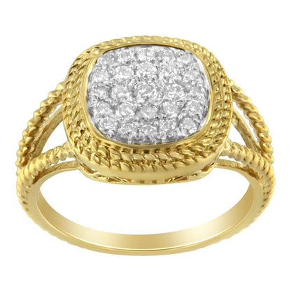 10K Yellow Gold Plated .925 Sterling Silver 1/2 Cttw Diamond Square Cushion Cluster Split Shank Cocktail Ring (J-K Color, I2-I3 Clarity)