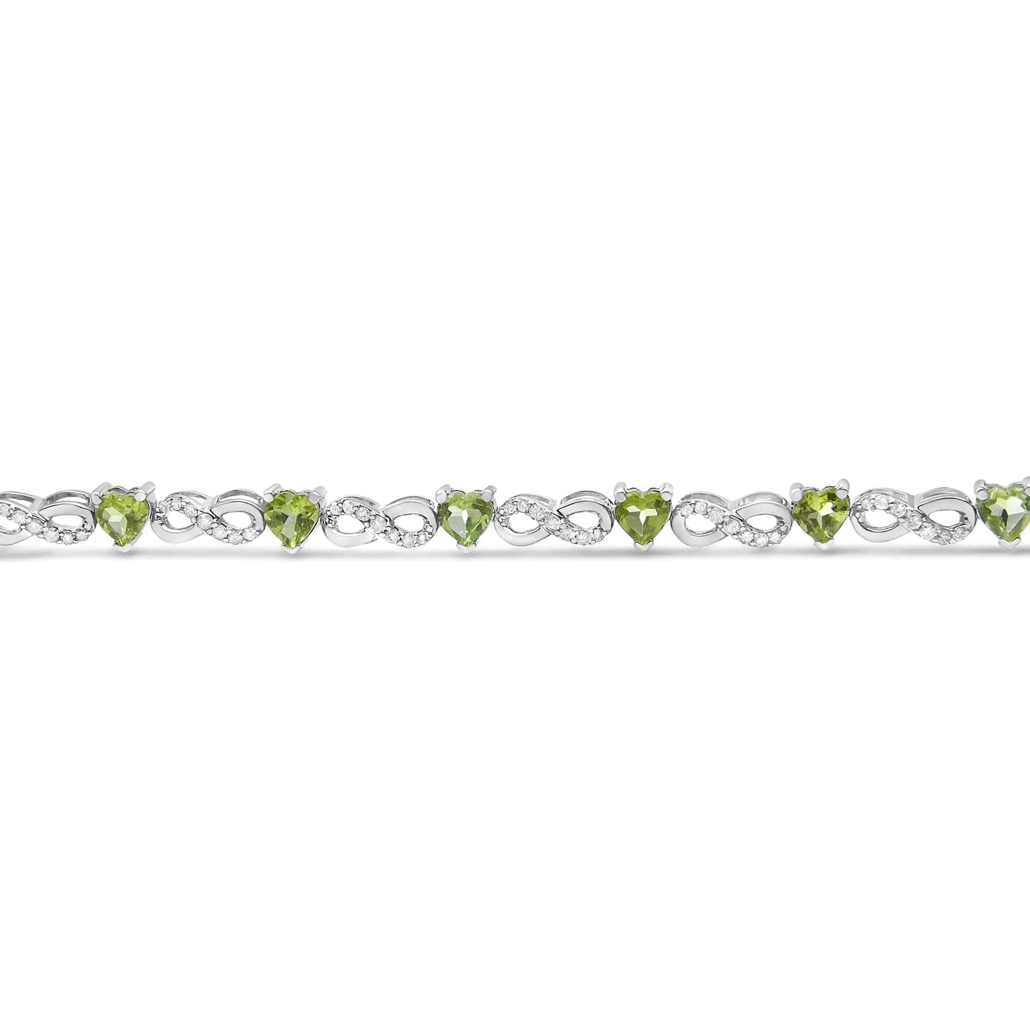 .925 Sterling Silver 1.00 Cttw Diamond and 4.00mm Lab Created Green Heart-Shaped Peridot Infinity Link Bracelet (I-J Color, I2-I3 Clarity) - 7.25"