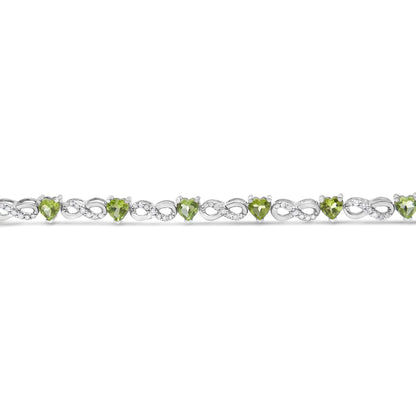 .925 Sterling Silver 1.00 Cttw Diamond and 4.00mm Lab Created Green Heart-Shaped Peridot Infinity Link Bracelet (I-J Color, I2-I3 Clarity) - 7.25"