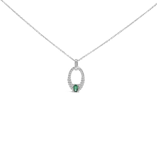 .925 Sterling Silver Created Green Emerald and White Sapphire Oval Shaped Pendant Necklace - 18" Inches