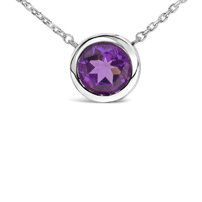 .925 Sterling Silver 7MM Bezel Set Created Purple Amethyst Pendant Necklace - 18" Inches