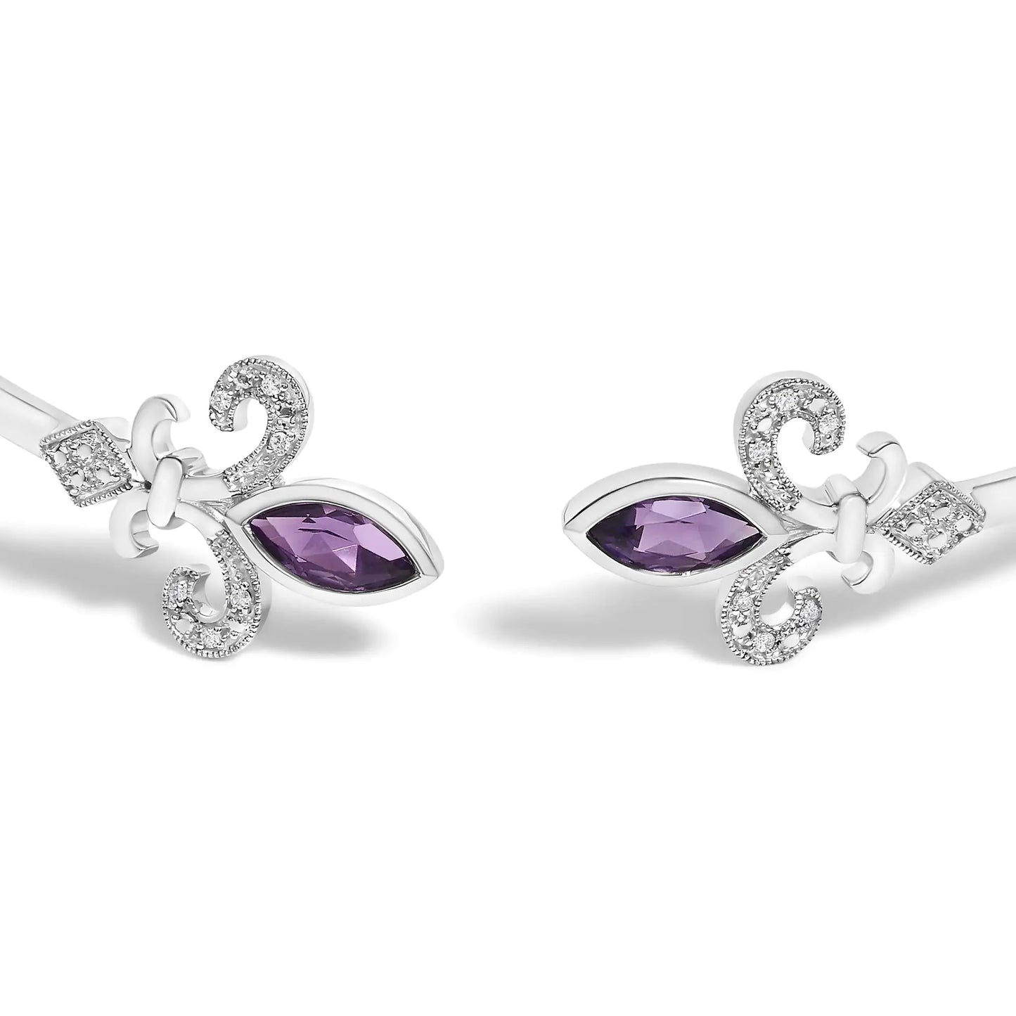 .925 Sterling Silver 8X4MM Marquise Purple Amethyst and Diamond Accent Fleur Di Lis Open Cuff Bangle (I-J Color, I1-I2 Clarity) - 7"