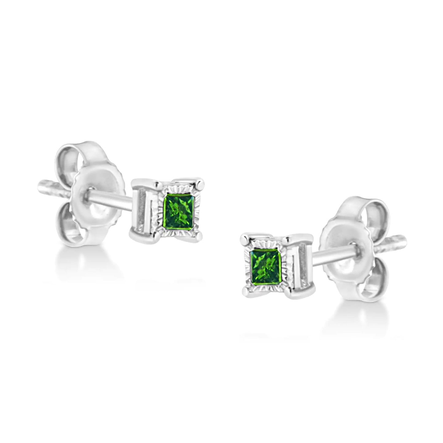 .925 Sterling Silver 1/10 Cttw Miracle Set Princess-Cut Treated Green Diamond Stud Earrings (Green Color, I1-I2 Clarity)