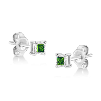 .925 Sterling Silver 1/10 Cttw Miracle Set Princess-Cut Treated Green Diamond Stud Earrings (Green Color, I1-I2 Clarity)