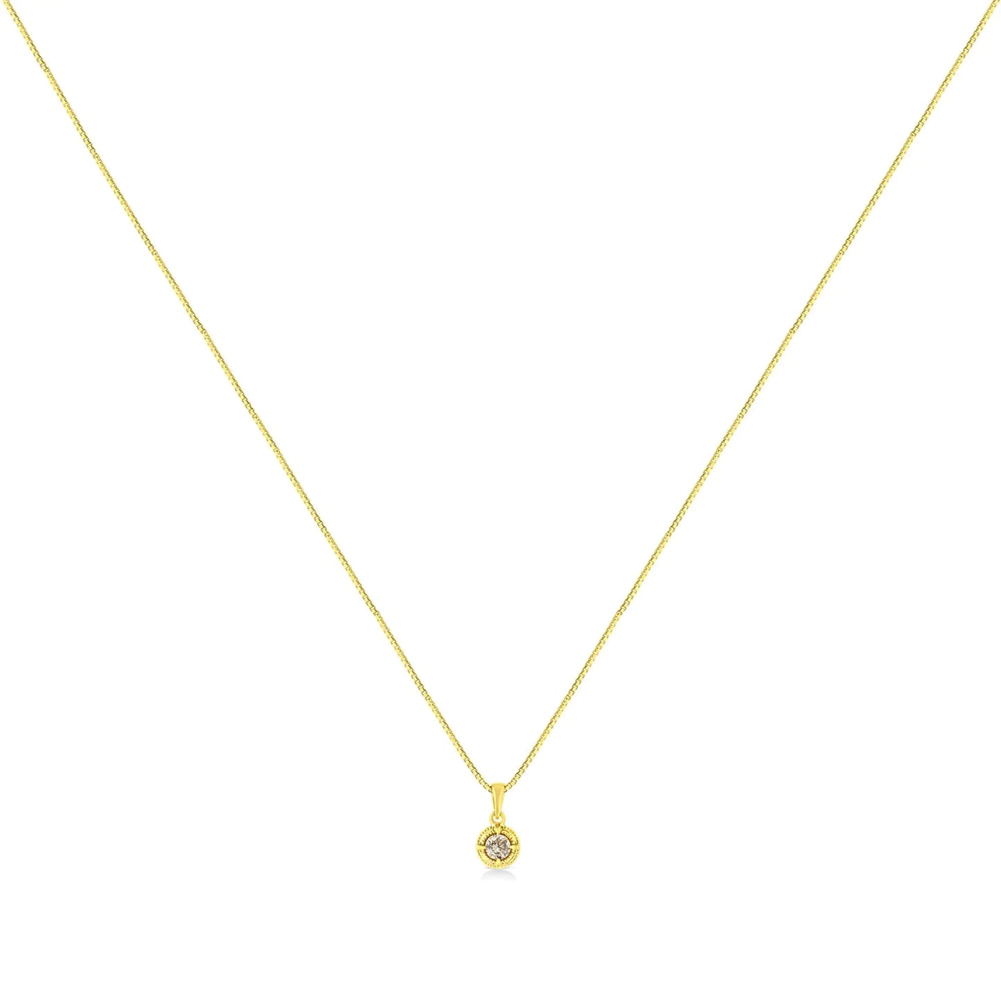 14K Yellow Gold Plated .925 Sterling Silver Brilliant Round Cut Diamond Solitaire Milgrain 18" Pendant Necklace