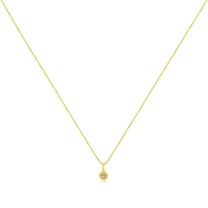 14K Yellow Gold Plated .925 Sterling Silver Brilliant Round Cut Diamond Solitaire Milgrain 18" Pendant Necklace
