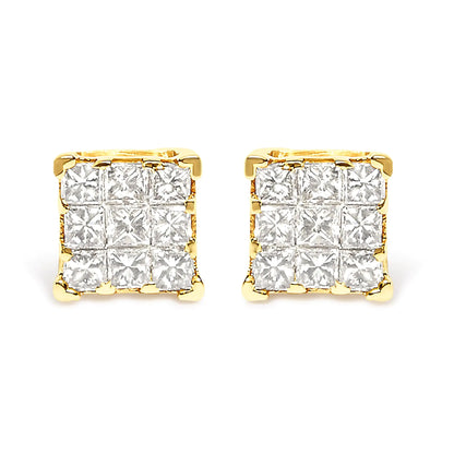 14K Yellow Gold 1/2 Cttw Invisible Set Princess-Cut Diamond 9 Stone Square Stud Earrings (J-K Color, SI2-I1 Clarity)
