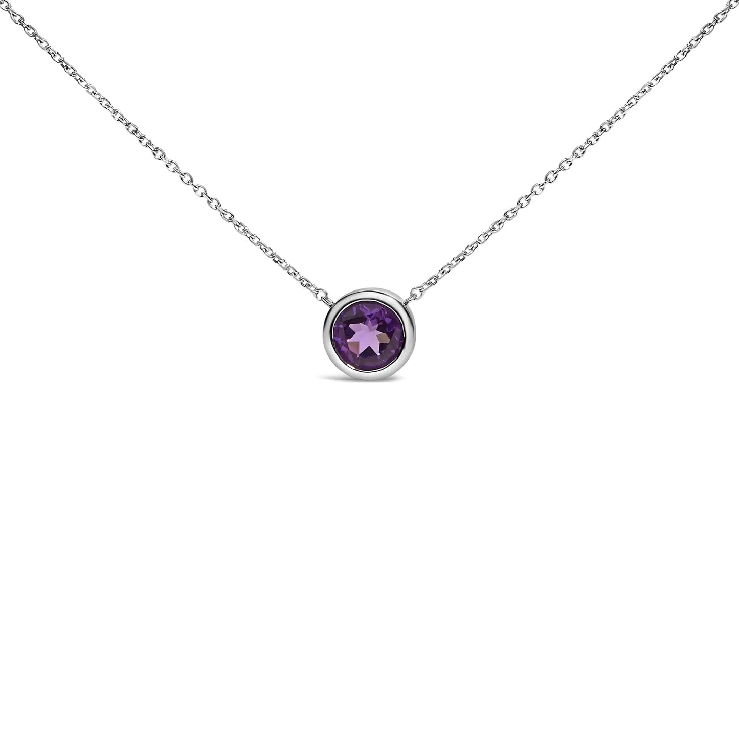 .925 Sterling Silver 7MM Bezel Set Created Purple Amethyst Pendant Necklace - 18" Inches