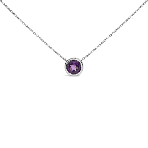 .925 Sterling Silver 7MM Bezel Set Created Purple Amethyst Pendant Necklace - 18" Inches
